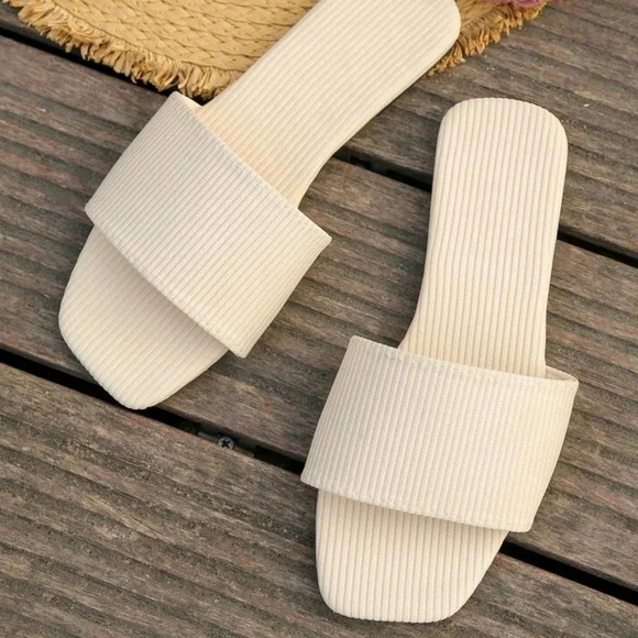 Elegant Beige Sandals For Women, Minimalist Single Band Slide Sandals - Picture 4 of 6